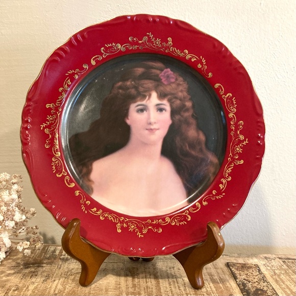 Vintage Other - Red and Gold Rimmed Decorative Plate with Woman’s Portrait Fleur de Lys